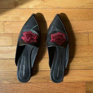 Intentionally Blank Fanning Embroidered Rose Mules/Slides, US9 / BLACK
